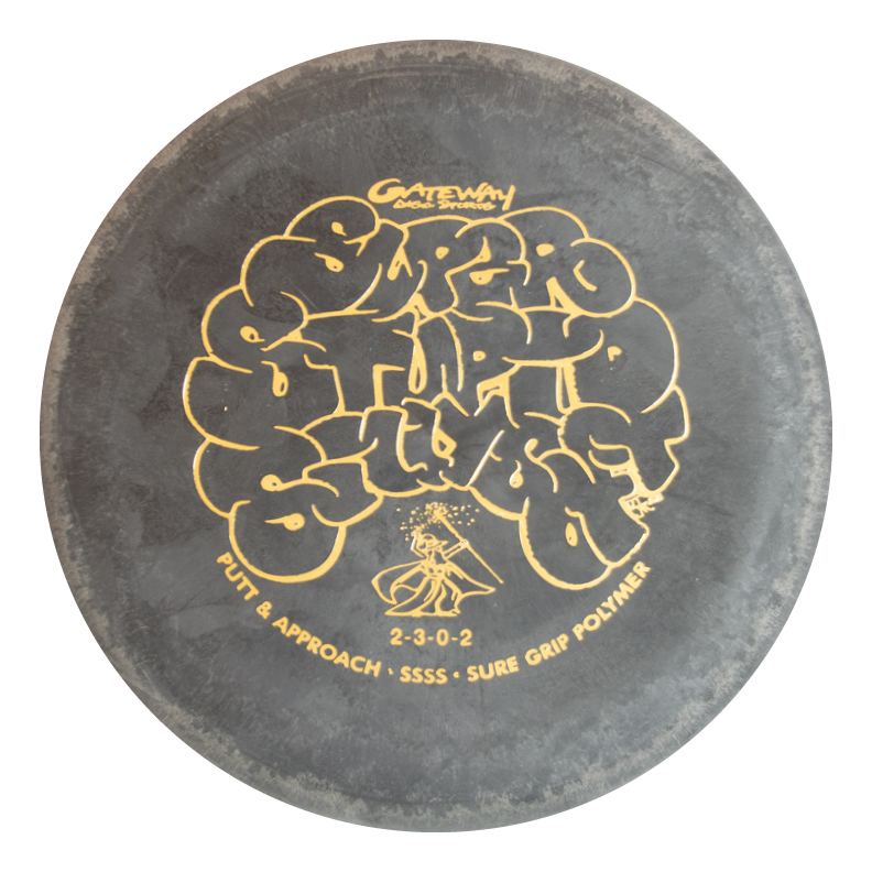 A black Gateway Wizard - SSSS beaded putt and approach disc golf putter featuring yellow graffiti-style text and a front graphic.