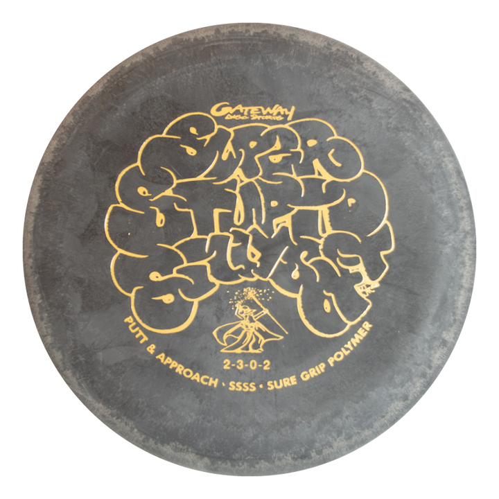 A black Gateway Wizard - SSSS beaded putt and approach disc golf putter featuring yellow graffiti-style text and a front graphic.