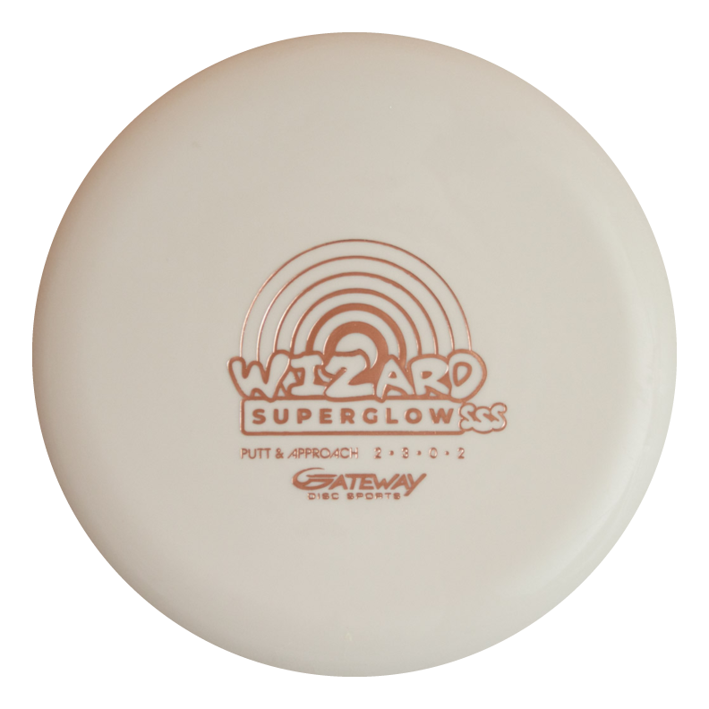 The Wizard - NAKED - SSS - Superglow by Gateway Disc Sports is a white stable workhorse putter with a rainbow graphic, flight numbers 2/3/0/2€”ideal for putts and mid-range drives.
