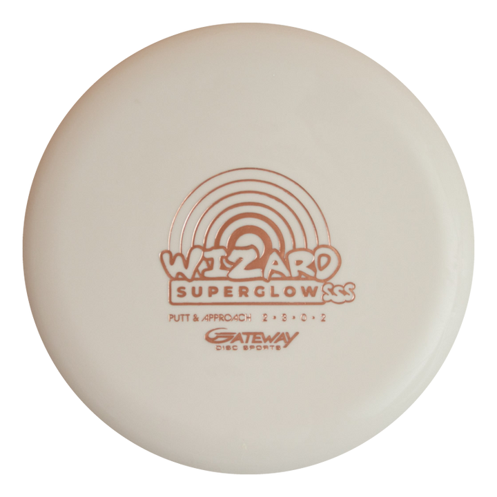 The Wizard - NAKED - SSS - Superglow by Gateway Disc Sports is a white stable workhorse putter with a rainbow graphic, flight numbers 2/3/0/2€”ideal for putts and mid-range drives.
