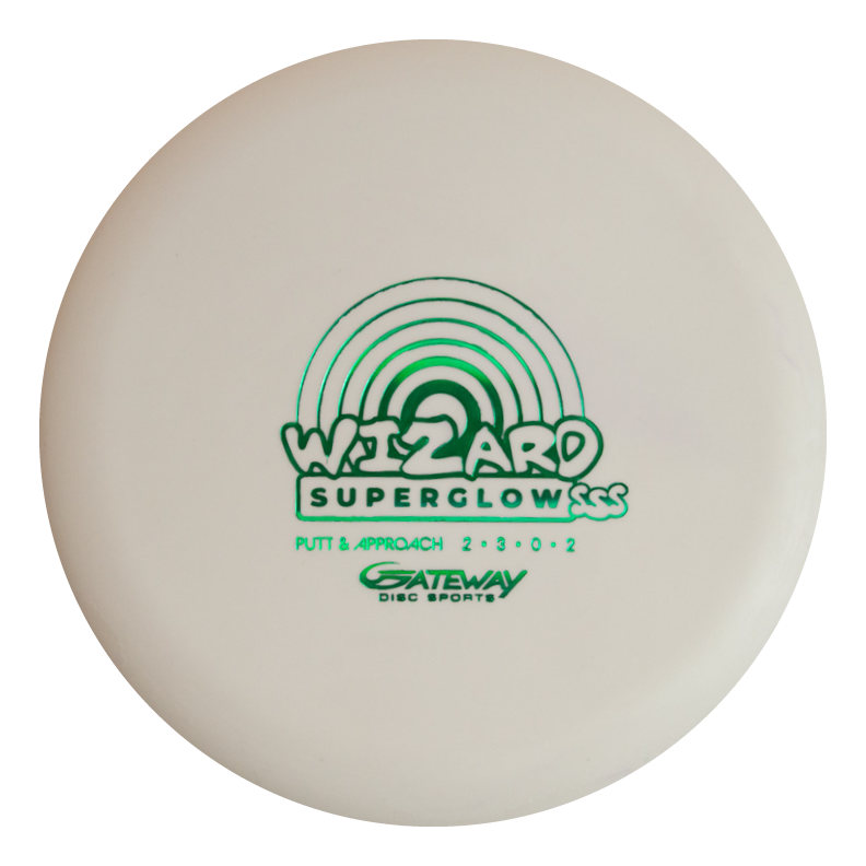 The Wizard - SSS - Superglow by Gateway Disc Sports is a white putter with green graphics€”perfect as a stable workhorse for confident putts and reliable mid-range drives.