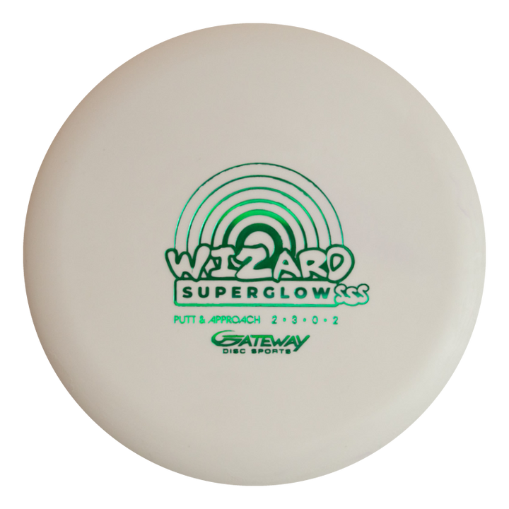 The Wizard - SSS - Superglow by Gateway Disc Sports is a white putter with green graphics€”perfect as a stable workhorse for confident putts and reliable mid-range drives.