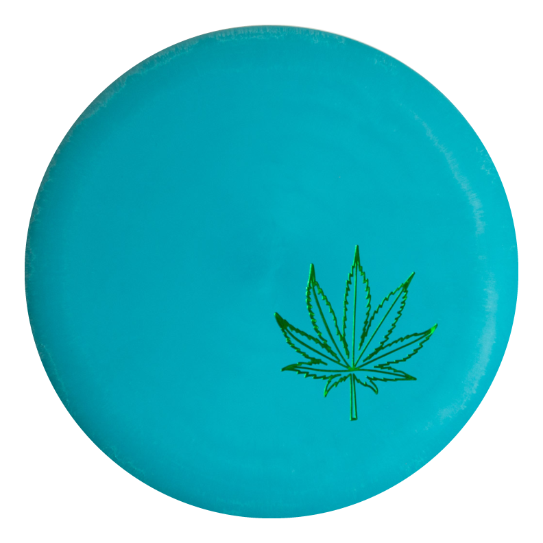 The Wizard Leaf Suregrip Putters by Gateway Disc Sports is a blue disc crafted from durable plastic, featuring a green cannabis leaf outline printed on its surface.