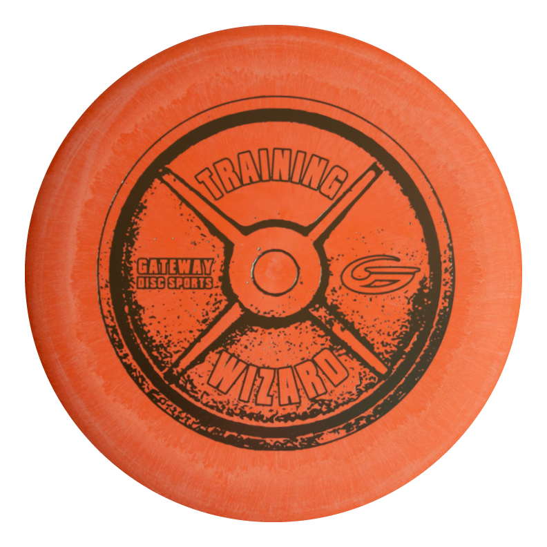 The orange "Wizard - Training Weight" disc golf putter from Gateway Disc Sports features a weight plate graphic and is a stable workhorse, perfect for mid-range drives and reliable performance in windy conditions.