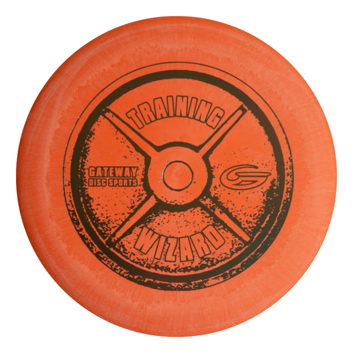 The orange "Wizard - Training Weight" disc golf putter from Gateway Disc Sports features a weight plate graphic and is a stable workhorse, perfect for mid-range drives and reliable performance in windy conditions.