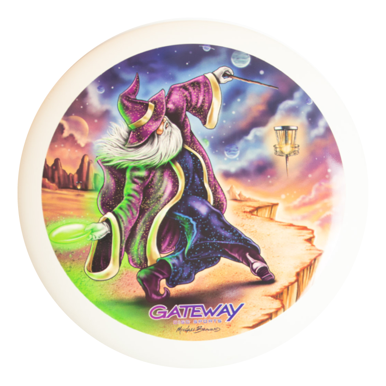 The Wizard - Vivid Color #1 disc features Mike Barnard's illustration of a wizard casting a spell toward a basket on a vibrant, otherworldly landscape.
