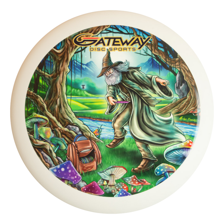 A wizard plays disc golf in a vibrant mushroom forest with colorful trees. The Wizard - Vivid Color #4 disc showcases the Gateway Disc Sports logo at the top.