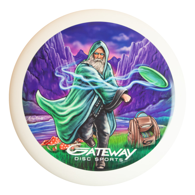Wizard - Vivid Color #5 features artwork by Michael Barnard: a wizard tossing a green SSS Wizard with mountains, river, backpack, and mushrooms in the background. "Gateway Disc Sports" is also displayed.