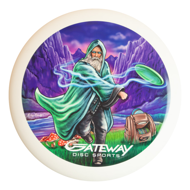 Wizard - Vivid Color #5 features artwork by Michael Barnard: a wizard tossing a green SSS Wizard with mountains, river, backpack, and mushrooms in the background. "Gateway Disc Sports" is also displayed.