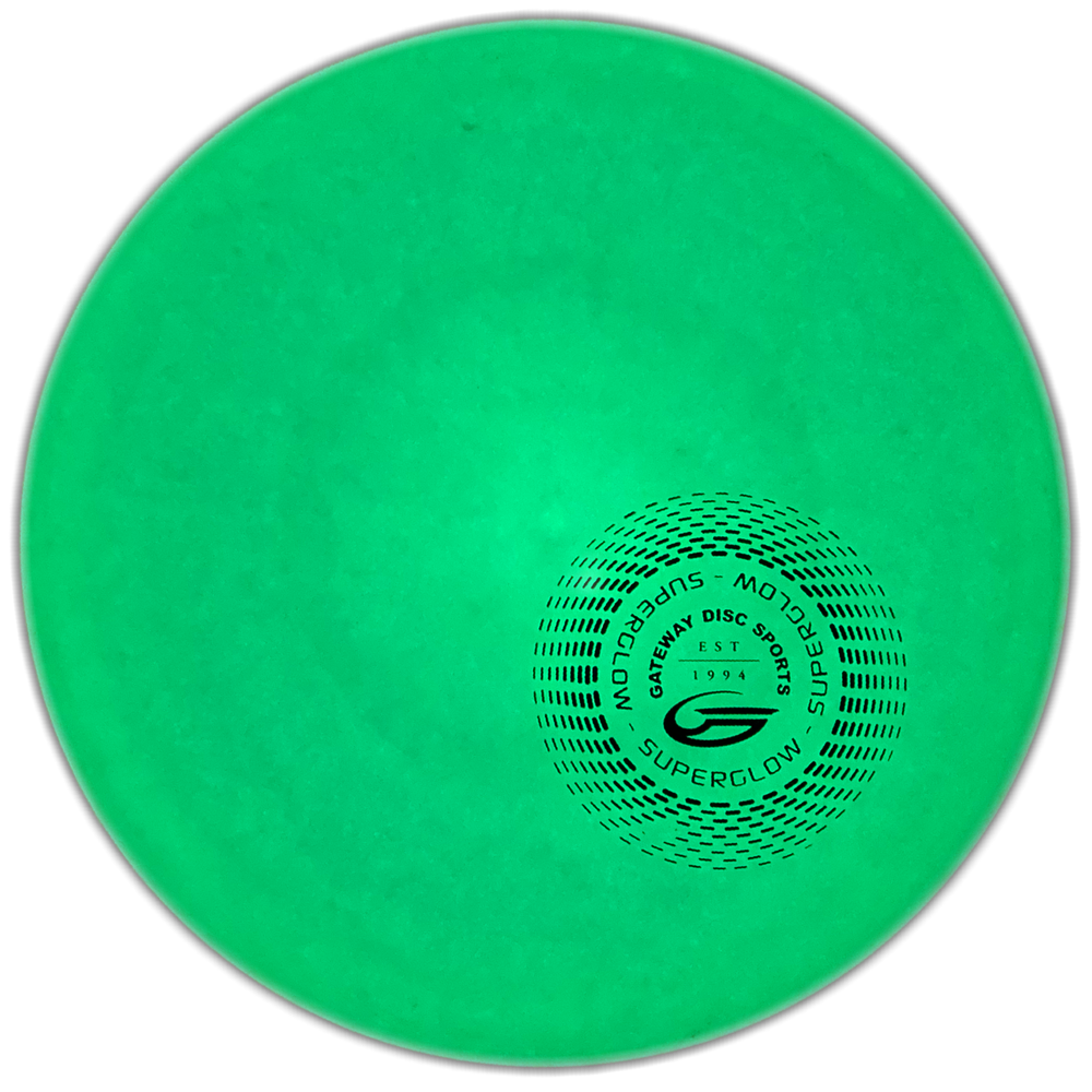 The Magic - Suregrip Superglow - SS is a glowing green approach disc featuring the "Gateway Disc Sports Superglow" logo in black, designed for excellent glide and precision putting.