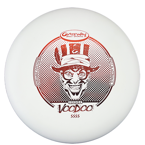 The Voodoo - Suregrip - SSSS is a white disc golf putter with an illustrated face and top hat, featuring "Gateway Disc Sports Chief Voodoo SSSS" text on the front—ideal for precise lay-ups.
