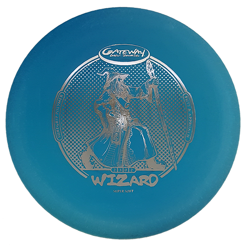 The Wizard - SS by Gateway Disc Sports is a blue putter with a silver wizard holding a staff—this stable disc is ideal for confident putting, even in windy conditions.