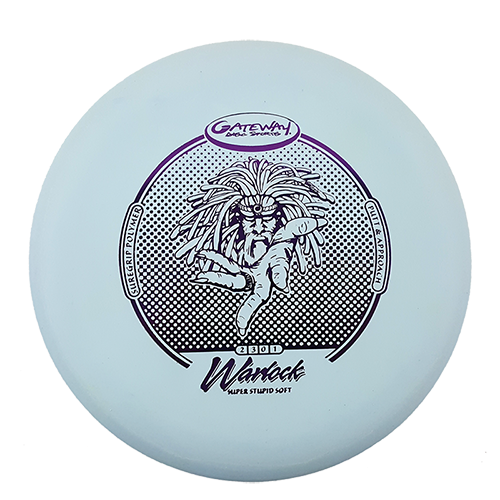 A white Warlock - Suregrip - SSS disc golf putter with the —Gateway Disc Sports—� logo and a dreadlocked creature pointing forward, labeled —33001 Warlock Super Stupid Soft.—�.
