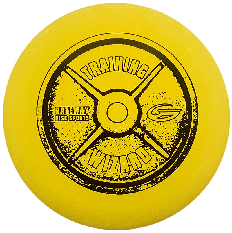 The Wizard - Training Weight is a yellow disc golf putter featuring "Training Wizard," "Gateway Disc Sports," and a circular weight plate graphic in black—this stable putter delivers reliable mid-range drives and consistency, even in windy conditions.