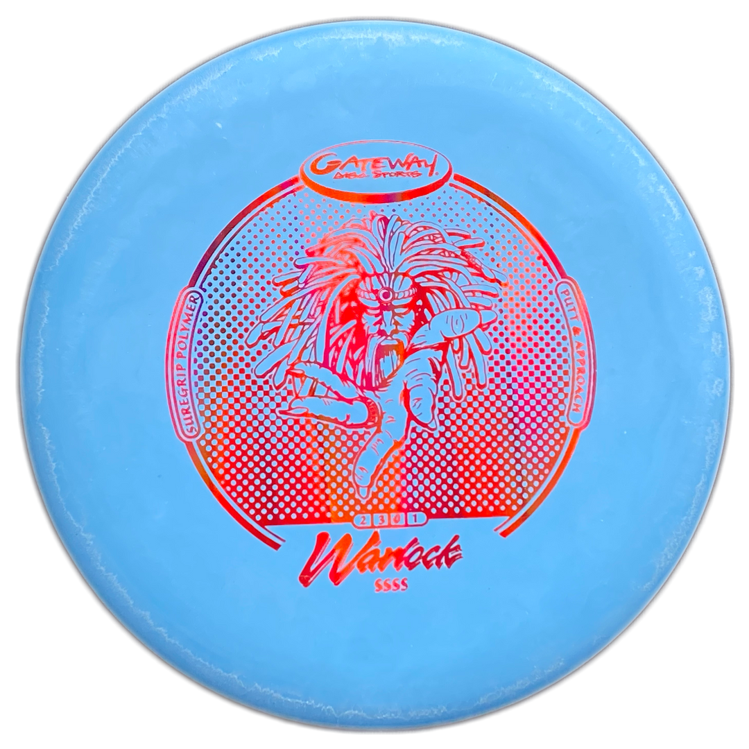 A light blue Warlock - Suregrip - SSSS disc golf putter with a red graphic of a wild-haired cartoon and the text "Gateway Disc Sports" and "Chief Warlock SSSS"—ideal for improving your approach game.