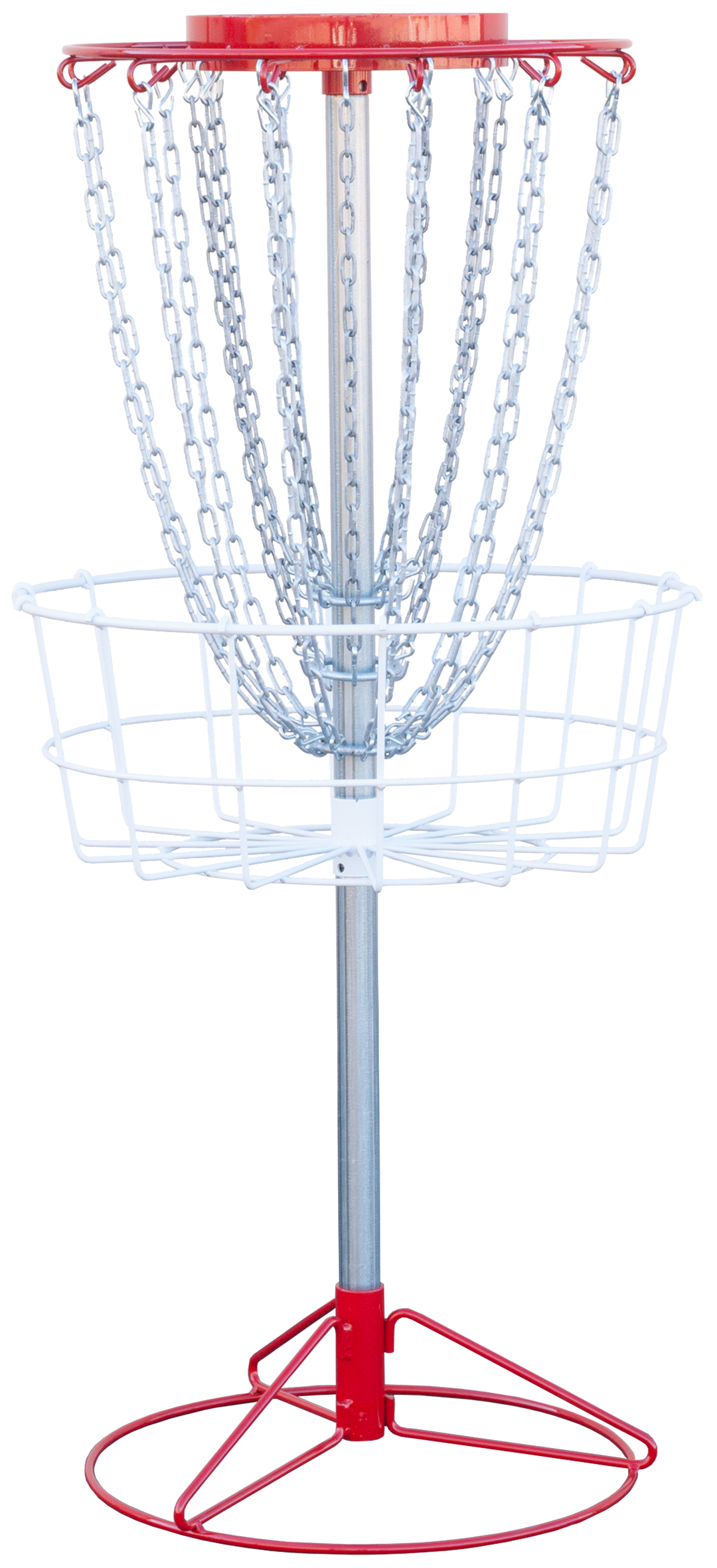 The Titan Pro 24 Portable Basket, with hanging chains and a wire basket, mounts on a pole with a red top and base—making it an ideal portable disc golf target for serious players.