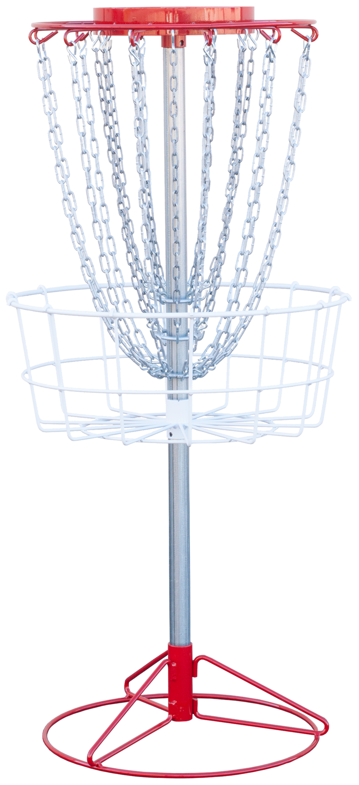 The Titan Pro 24 Portable Basket, with hanging chains and a wire basket, mounts on a pole with a red top and base—making it an ideal portable disc golf target for serious players.