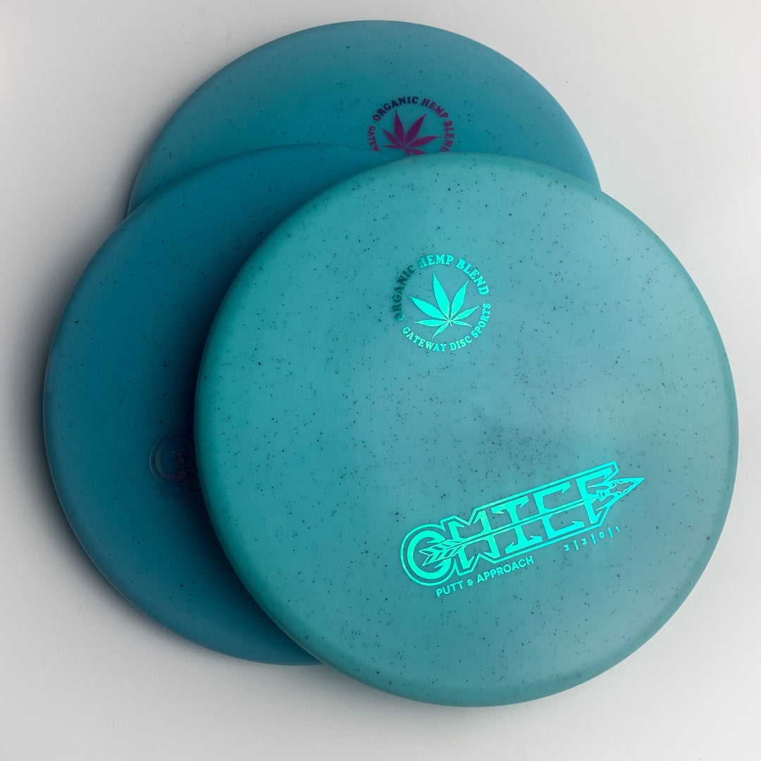 Three blue-green, low-profile "Chief - Diamond Hemp" disc golf putters—each marked "ORGANIC HEMP BLEND" and "Gateway Disc Sports" with a cannabis leaf design—are ready for your next putt or tee shot.
