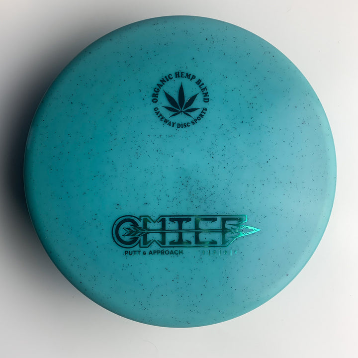 The Chief - Diamond Hemp is a low-profile blue disc golf putter with "CHIEF PUTT & APPROACH" and "ORGANIC HEMP BLEND GATEWAY DISC SPORTS" plus a leaf graphic on top, perfect for confident putts and tee throws.
