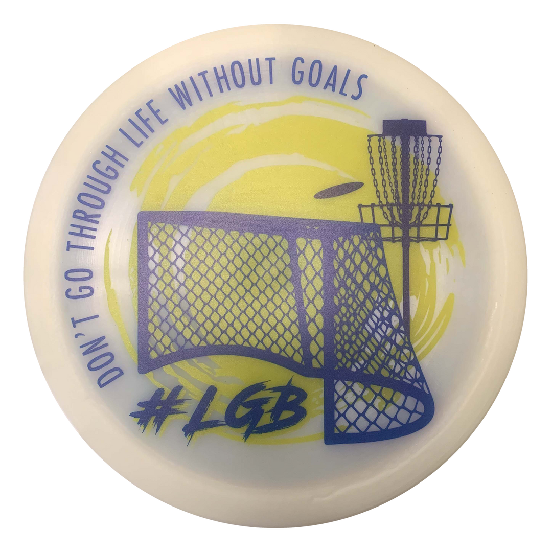 A round disc titled "St. Louis Hockey Full Color Drivers" displays "DON'T GO THROUGH LIFE WITHOUT GOALS #LGB" with graphics of a soccer goal, a disc golf basket and flying disc, plus a nod to fairway drivers.