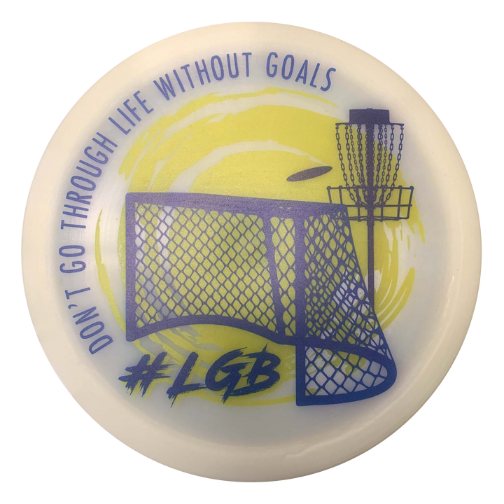 A round disc titled "St. Louis Hockey Full Color Drivers" displays "DON'T GO THROUGH LIFE WITHOUT GOALS #LGB" with graphics of a soccer goal, a disc golf basket and flying disc, plus a nod to fairway drivers.