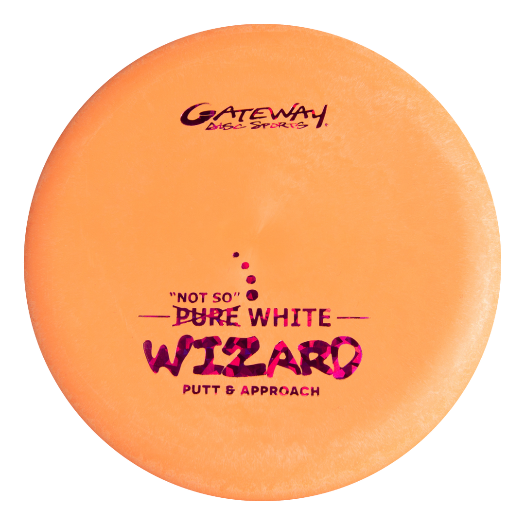 An orange Wizard - "Not So" Pure White putter with purple and white text—a stable workhorse by Gateway Disc Sports, perfect for windy conditions.