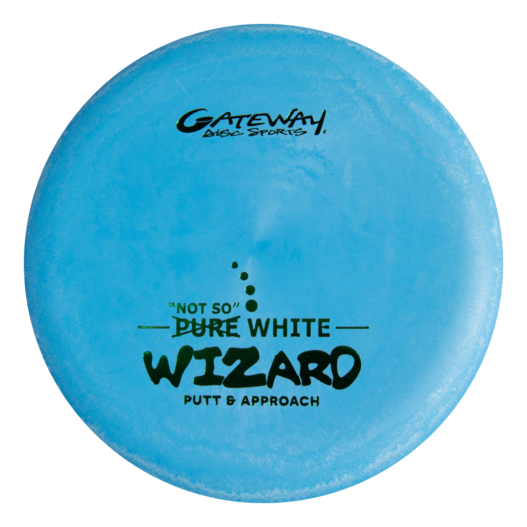 The Wizard - "Not So" Pure White is a blue Gateway disc golf putter known as a stable workhorse, providing confident putts and consistent performance on mid-range drives.