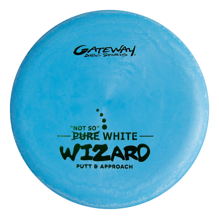 The Wizard - "Not So" Pure White is a blue Gateway disc golf putter known as a stable workhorse, providing confident putts and consistent performance on mid-range drives.