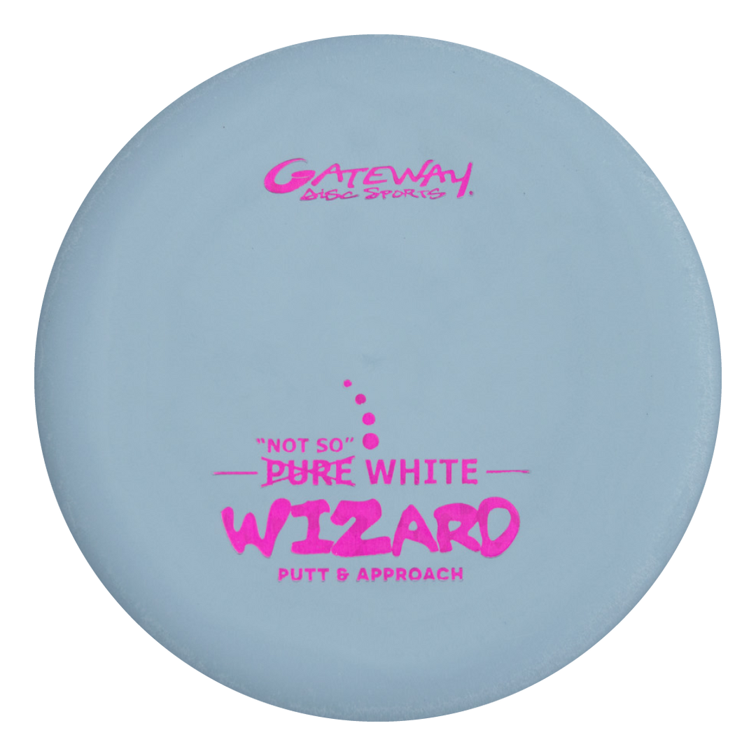 The Wizard - "Not So" Pure White is a light gray disc golf putter with pink text—a stable workhorse ideal for confident putts and approaches, even in windy conditions.