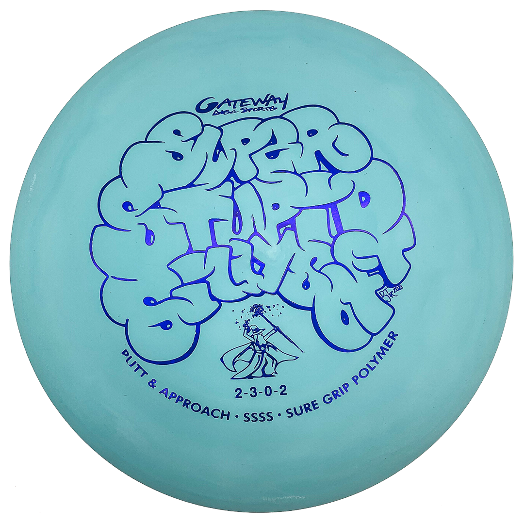 The Wizard - SSSS is a blue beaded putt and approach disc featuring "Super Stupid Soft" in large stylized letters and "Gateway Disc Sports" branding in black, ideal for players seeking an over-stable option.