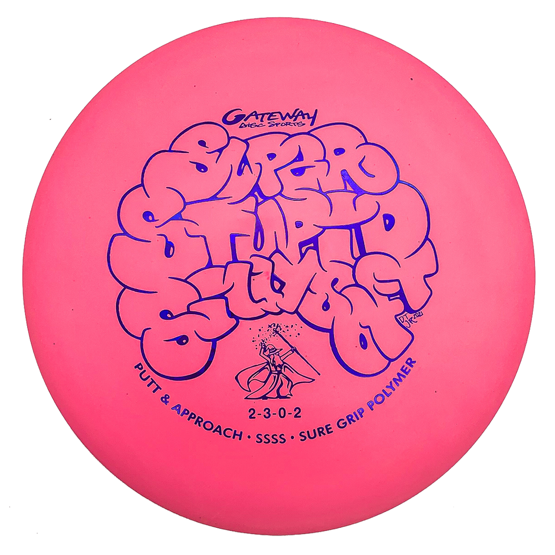 The Wizard - SSSS is a pink beaded putt and approach disc with stylized "Super Stupid Soft" text, "Gateway Disc Sports," flight numbers, and "Putt & Approach SSSS Sure Grip Polymer.