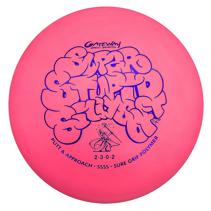 The Wizard - SSSS is a pink beaded putt and approach disc with stylized "Super Stupid Soft" text, "Gateway Disc Sports," flight numbers, and "Putt & Approach SSSS Sure Grip Polymer.