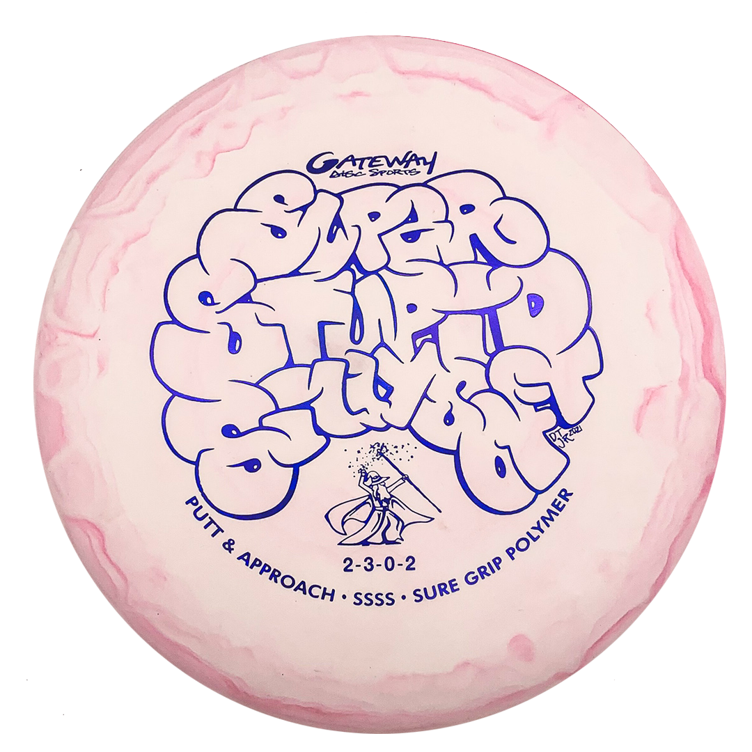 A white and pink Wizard - SSSS putt and approach disc featuring bold "Super Stupid Soft" text and blue product details.