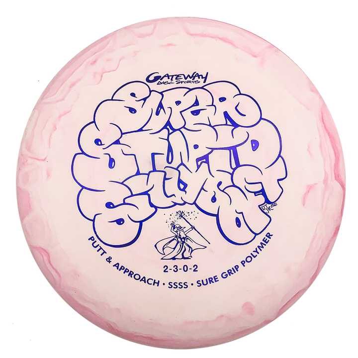 A white and pink Wizard - SSSS putt and approach disc featuring bold "Super Stupid Soft" text and blue product details.
