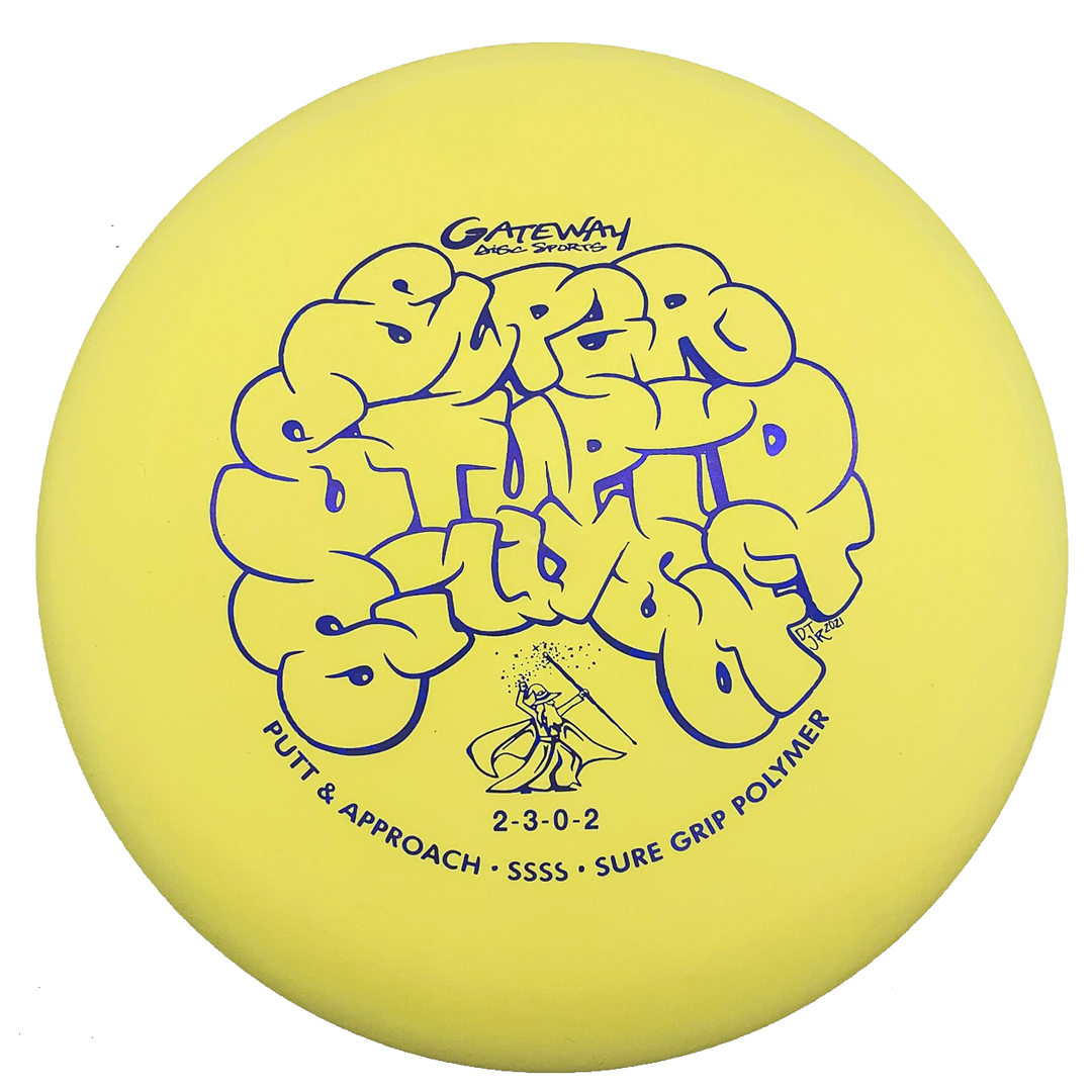 A yellow Wizard - SSSS beaded putt and approach disc putter features blue Gateway Disc Sports branding and stylized "Super Stupid Stupid Soft" text.