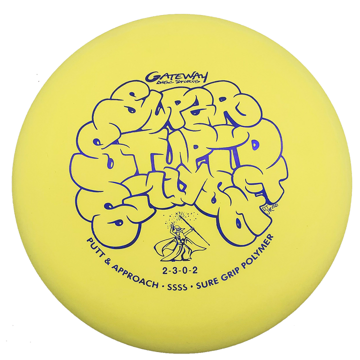 A yellow Wizard - SSSS beaded putt and approach disc putter features blue Gateway Disc Sports branding and stylized "Super Stupid Stupid Soft" text.