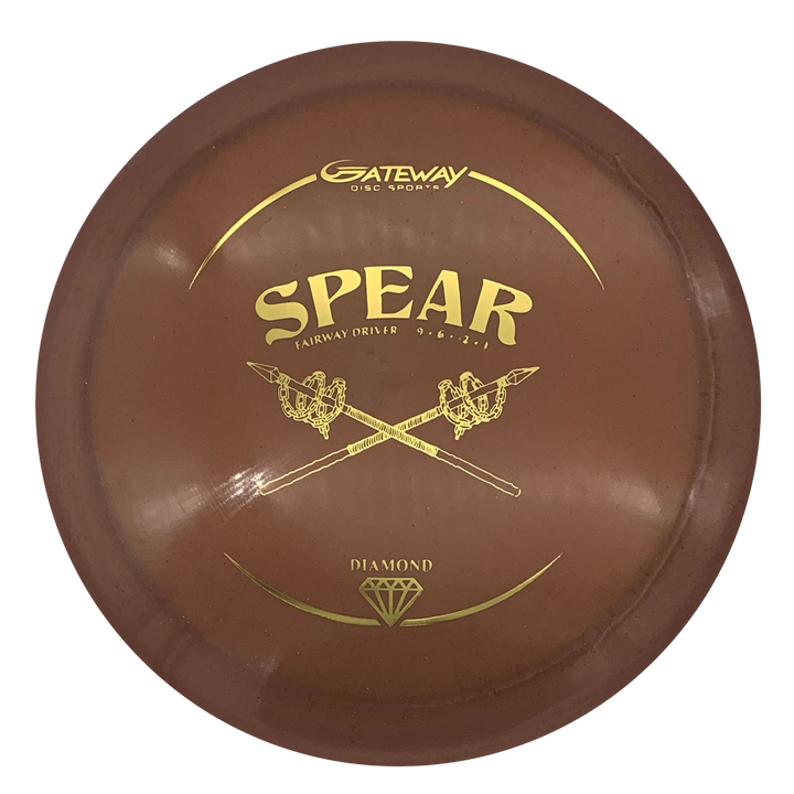 A brown Spear - Diamond disc golf straight control driver by Gateway, featuring crossed spears graphic and "Diamond" plastic marking, viewed from above.