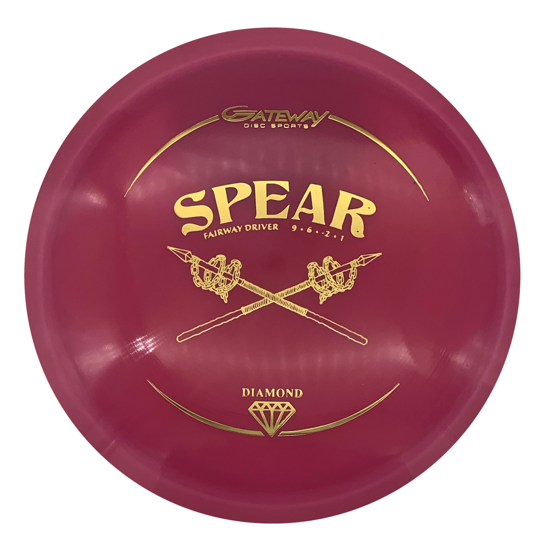 The maroon Spear - Diamond disc golf disc features two crossed spears and gold "Gateway Disc Sports" and "Diamond" logos; this straight control driver is crafted for precision throws.
