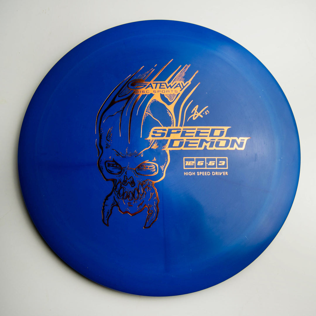 A blue Speed Demon - Cobalt distance driver with a stylized skull graphic, "Speed Demon 2553 High Speed Driver" text, and the Gateway Disc Sports logo.
