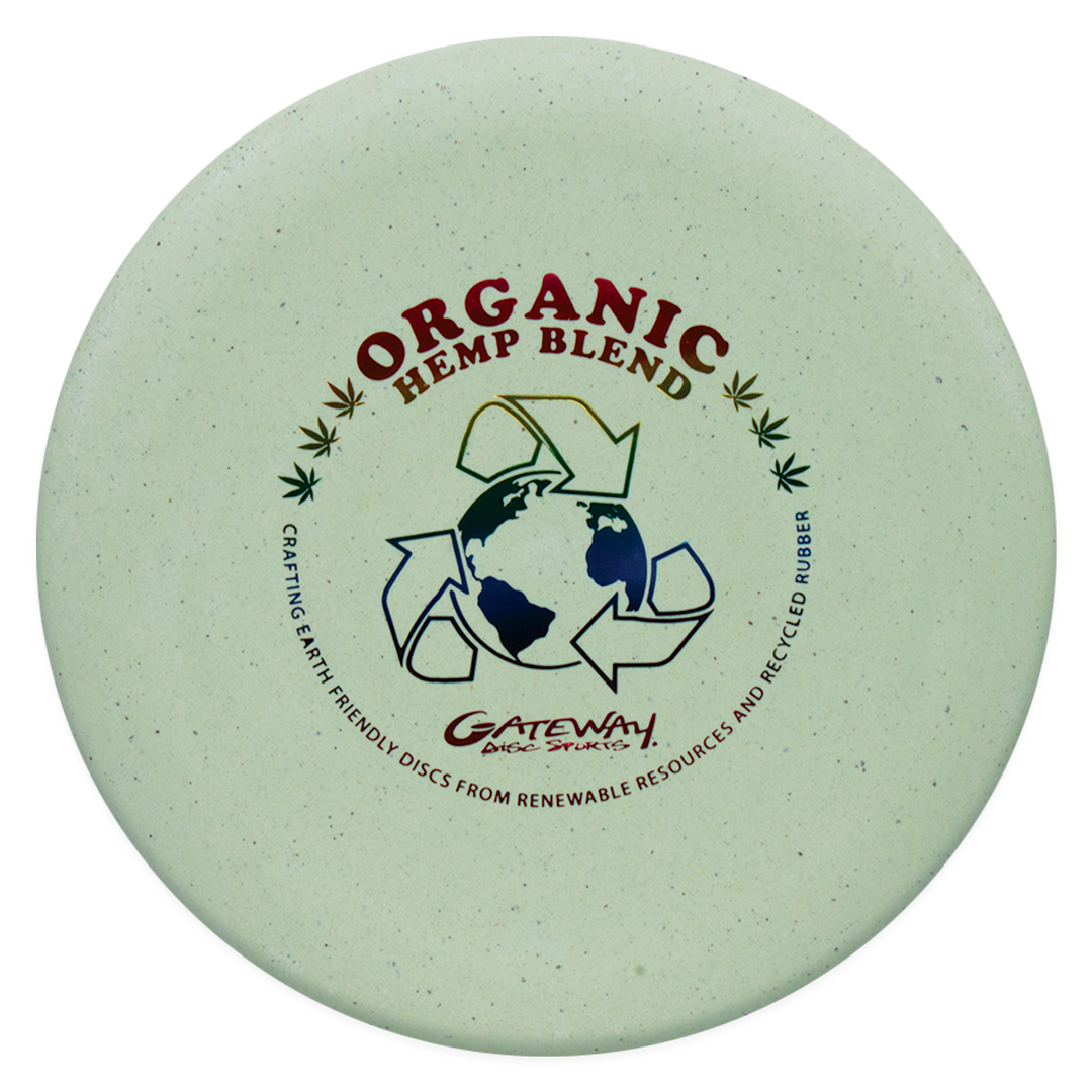 The Voodoo - Organic Hemp Super Soft (H-SS) is a round, light green putter disc featuring "Organic Hemp Blend" text and a globe with recycling arrows, highlighting its earth-friendly design using renewable and recycled materials.