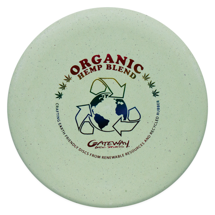 The Voodoo - Organic Hemp Super Soft (H-SS) is a round, light green putter disc featuring "Organic Hemp Blend" text and a globe with recycling arrows, highlighting its earth-friendly design using renewable and recycled materials.