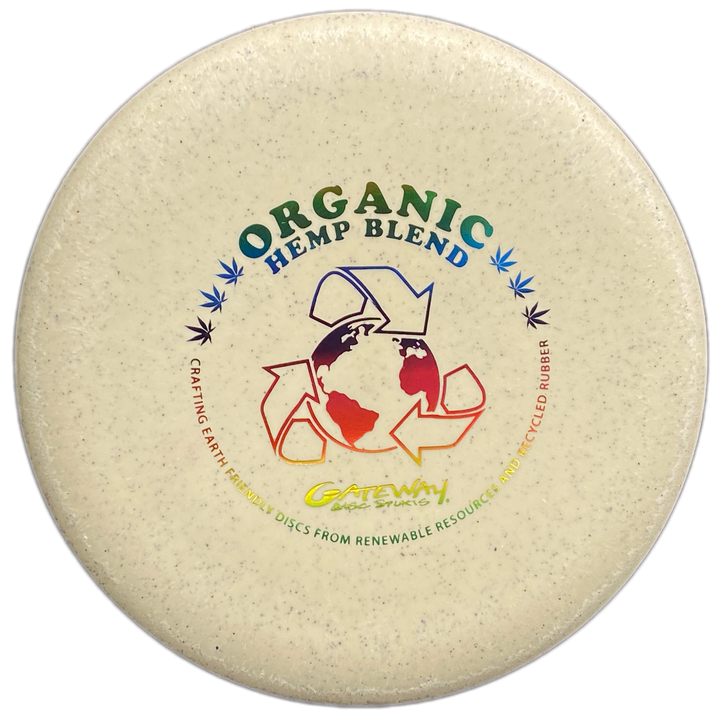 The Warlock - Organic Hemp (H-SS) is a round disc with a speckled texture, —Organic Hemp Blend—� text, and a recycling symbol around the earth. Crafted from organic hemp for eco-friendly play and to enhance your approach game.