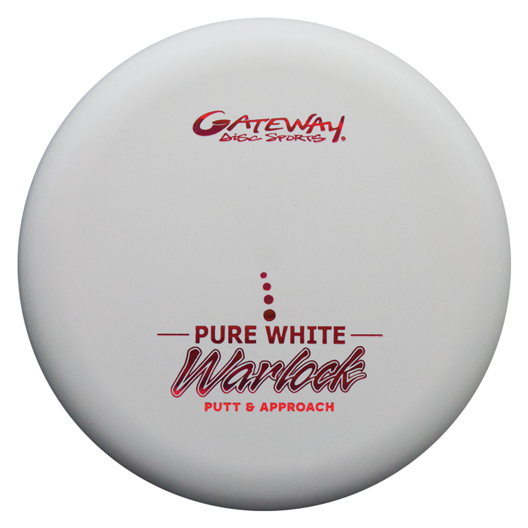 The Warlock - Pure White disc golf putter features red "Gateway Disc Sports," "Pure White Warlock," and "Putt & Approach" text, offering a reliable grip and consistent flight for confident putting performance.