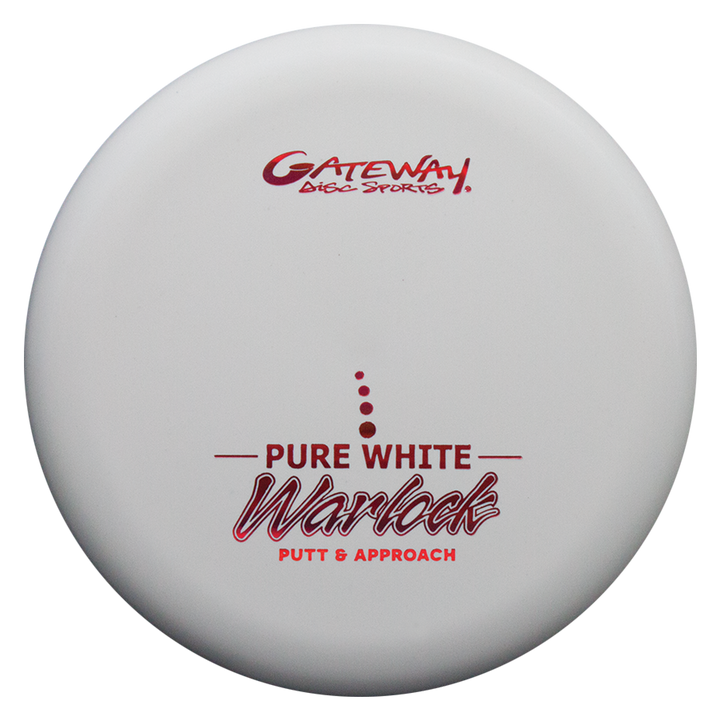 The Warlock - Pure White disc golf putter features red "Gateway Disc Sports," "Pure White Warlock," and "Putt & Approach" text, offering a reliable grip and consistent flight for confident putting performance.