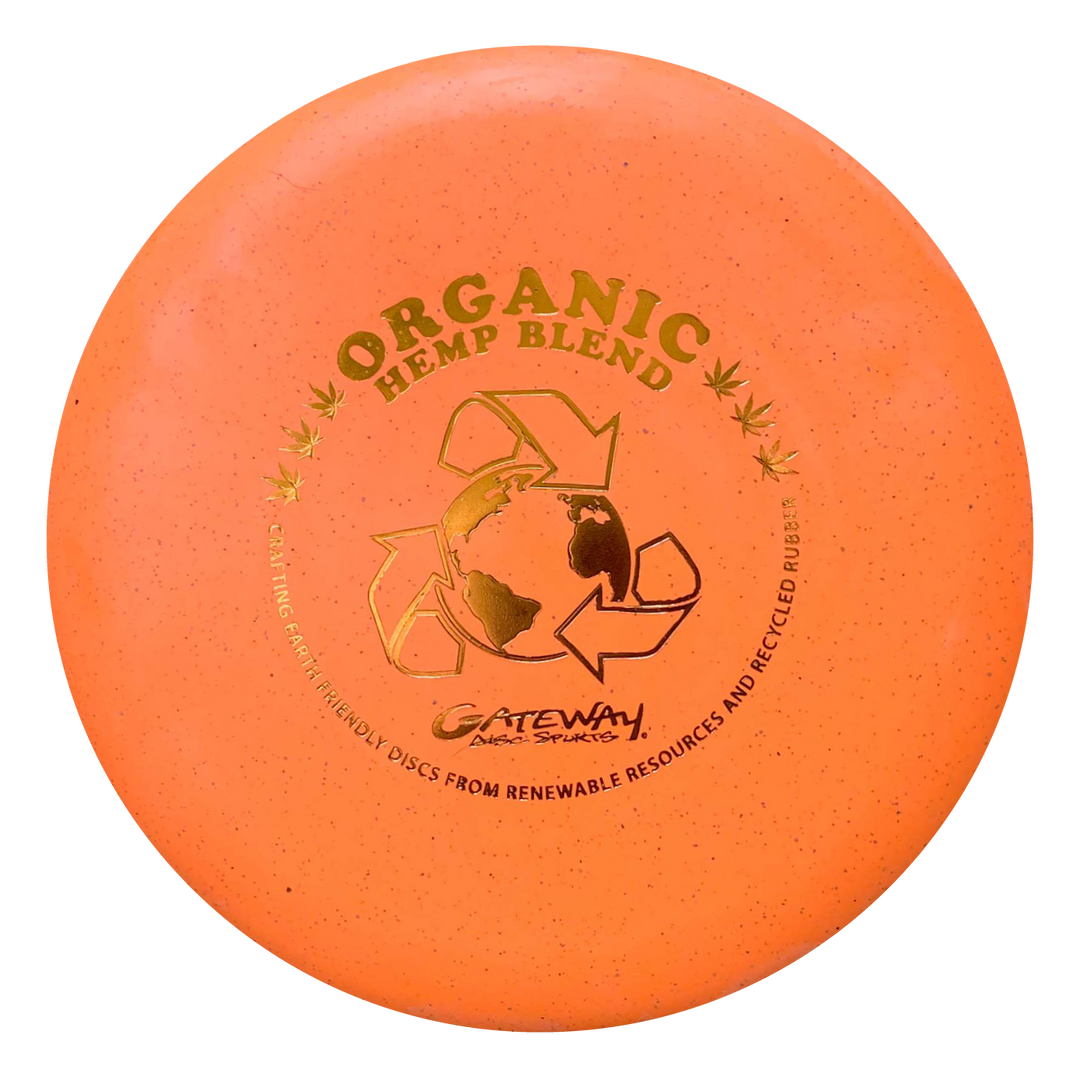 The Warlock - Organic Hemp (H-SS) putter disc golf disc is made with organic hemp, features a recycle symbol, earth graphic, and Gateway Disc Sports branding—perfect for improving your approach game.