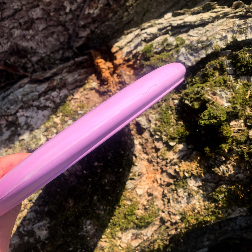 A hand holds a Wizard - SSS disc golf putter next to a moss-covered tree in sunlight—ideal for reliable, accurate throws with dependable grip even in windy conditions.