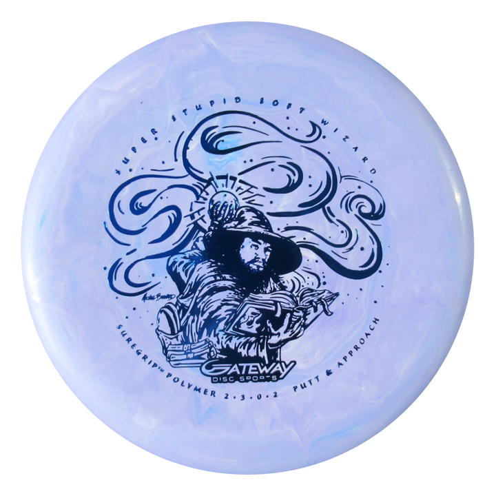 The Wizard - SSS is a light purple, stable putter featuring spell-casting wizard art, swirling lines, and "Never Stupid Soft Wizard" text—an accurate workhorse disc that's perfect for windy conditions.