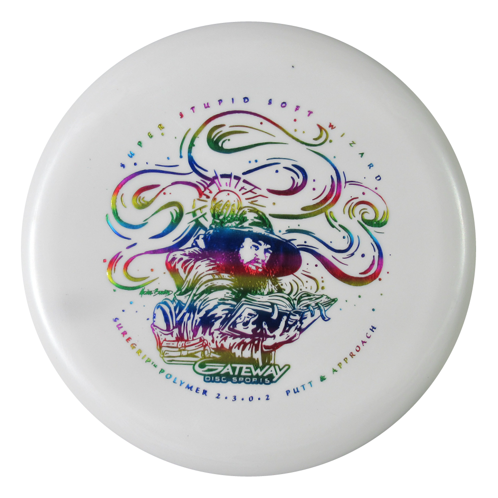 White Wizard - SSS disc golf putter with a vibrant wizard illustration, featuring "Never Stupid Soft Wizard" and "Gateway Disc Sports." Stable and reliable, it delivers accurate shots in all conditions—including windy rounds.
