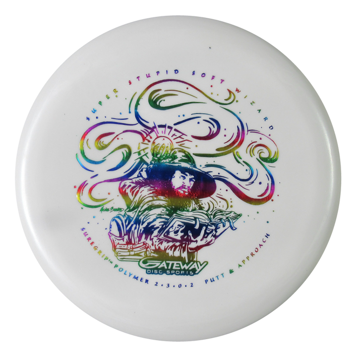 White Wizard - SSS disc golf putter with a vibrant wizard illustration, featuring "Never Stupid Soft Wizard" and "Gateway Disc Sports." Stable and reliable, it delivers accurate shots in all conditions—including windy rounds.