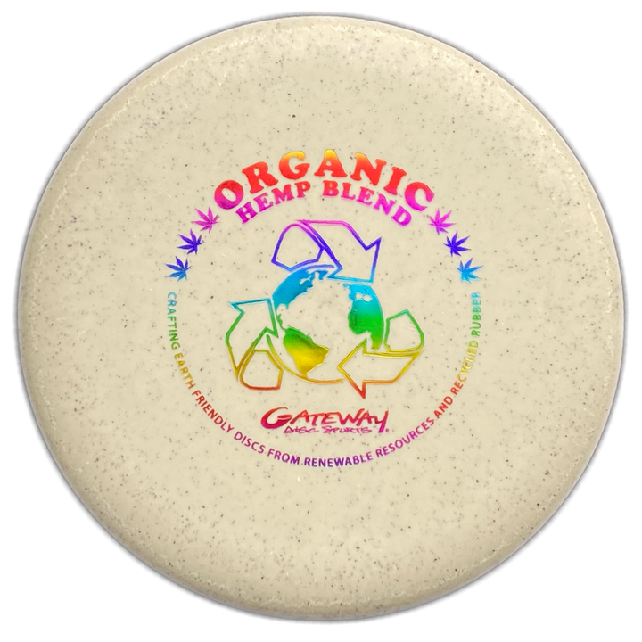 Eco-friendly, beginner-friendly Magic - Organic Hemp (H-SSS) disc by Gateway Disc Sports features "Organic Hemp Blend" text, recycling symbols, and earth graphic. Perfect as a straight-flying Magic putter option.